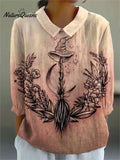Women's Halloween Witch Art Print Casual Cotton And Linen 3/4 Sleeve Shirt