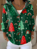 Women's Christmas Tree Art Printed Casual Hooded Button Sweater