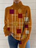 Women's Abstract Geometric Pattern Art Print Knit Turtleneck Pullover Sweater
