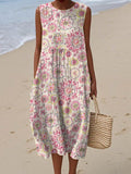 Women's Vintage Floral Art Print Sleeveless Cotton Pocket Wrap Dress