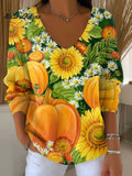 Women's Floral Pumpkin Painting Art Print Casual Pullover Sweater