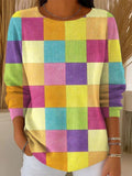Women's Colorful Plaid Painting Art Print Casual Pullover Sweater