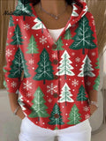 Women's Cute Winter Christmas Tree Drawing Art Print Casual Hooded Button Sweater