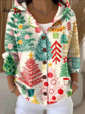 Women's Cute Colorful Winter Christmas Tree Art Print Casual Hooded Button Sweater