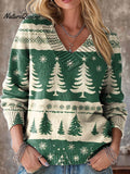 Vintage Beautiful Winter Christmas Tree Painting Art Print Knit V-neck Pullover Sweater