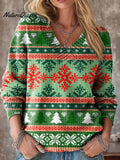 Winter Geometric Snowflake Christmas Tree Painting Art Print Knit V-neck Pullover Sweater