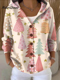 Women's Cute Colorful Christmas Tree Drawing Art Print Casual Hooded Button Sweater