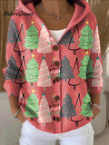 Women's Beautiful And Colorful Winter Christmas Tree Painting Art Print Casual Hooded Button Sweater