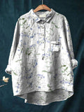 Women's Blue Floral Print On White Background Print Casual Cotton And Linen Shirt