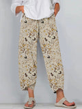 Vintage Japanese Cranes and Flowers Art Cropped Casual Pants