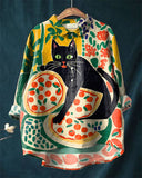 Cute Black Cat Art Cotton and Linen Casual Shirt