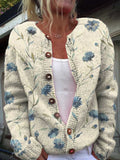 Women's Vintage Art Flower Print Buttoned Cardigan Sweater