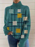 Women's Abstract Geometric Pattern Art Print Knit Turtleneck Pullover Sweater