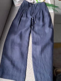Women's Solid Color Pleated Drawstring Casual Cotton and Linen Wide Leg Pants