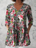 Women's Retro Leopard Floral Art Print Casual Cotton And Linen V-neck Top