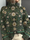 Vintage Floral Symmetry Art Print Knit Turtleneck Pullover Sweater