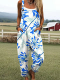 Women's Vintage Floral Art Print Casual Cotton Wide Leg Jumpsuit