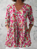 Women's Retro Floral Art Print Casual Cotton And Linen V-neck Top