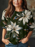 Women's Vintage Art Flower Print Casual Crew Neck Short Sleeve Knitted Sweater