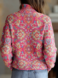Women's Retro Ethnic Art Flowers Print Knit Turtleneck Pullover Sweater