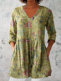 Women's Elegant Floral Pattern Round Neck Cotton and Linen Top