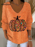 Women's Autumn Pumpkin Print Drop Shoulder Sweater