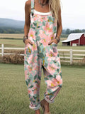 Women's Floral Art Print Casual Cotton Wide Leg Jumpsuit