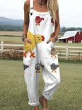 Women's Funny Chicken Art Print Casual Cotton Wide Leg Jumpsuit
