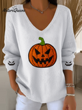 Women's Ghost Face Pumpkin Print Casual Striped Fabric Long Sleeve T-shirt