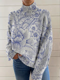 Women's Vintage Floral Pattern Art Print Knit Turtleneck Pullover Sweater