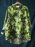 Vintage Lovely Frog Floral Art Print Casual Cotton And Linen Shirt