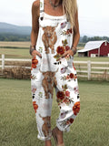 Women's Farm Highland Cattle Art Print Casual Cotton Wide Leg Jumpsuit