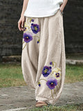 Pansy Flowers Embroidered Linen Blend Wide Leg Pants