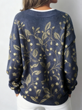 Vintage Lovely Floral Art Print Knit V-neck Pullover Sweater