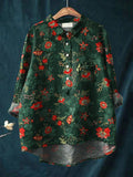 Women's Floral Art Print Casual Cotton And Linen Shirt