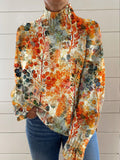Women's Vintage Autumn Leaves Pattern Art Print Knit Turtleneck Pullover Sweater