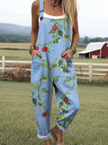 Women's Artistic Green Tomatoes Print Casual Wide Leg Jumpsuit
