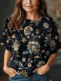 Women's Vintage Art Ethnic Flower Print Casual Crew Neck Short Sleeve Knitted Sweater