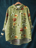 Women's Floral Art Print Casual Cotton And Linen Shirt