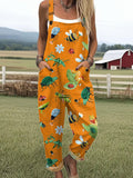 Women's Funny Farm Bee Art Print Casual Cotton Wide Leg Jumpsuit