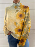 Women's Lovely Sunflowers Pattern Art Print Knit Turtleneck Pullover Sweater