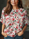 Women's Vintage Floral Art Print Casual Crew Neck Short Sleeve Knitted Sweater