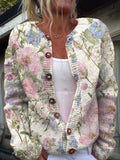 Women's Vintage Art Flower Print Buttoned Cardigan Sweater