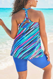 Longer Length Braided Tankini Set - Berry Turq Stripe