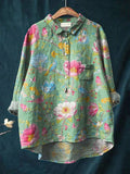Vintage Lovely Floral Birds Art Print Casual Cotton And Linen Shirt