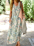 Women's Elegant Vintage Floral Pattern Loose Cotton and Linen Tank Top Dress