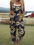 Women's Funny Bee Art Print Casual Wide Leg Jumpsuit