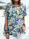 Women's Elegant Retro Floral Pattern Round Neck Cotton and Linen Top