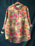 Women's Vintage Flower Art Print Casual Cotton And Linen Shirt