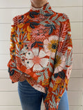 Women's Vintage Art Flower Print Knit Turtleneck Pullover Sweater